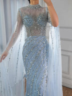Luxury Modest Nude Mermaid Evening Dress with Cape Sleeves LA71885A