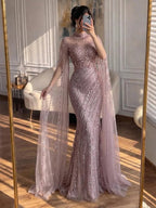 Luxury Modest Nude Mermaid Evening Dress with Cape Sleeves LA71885A
