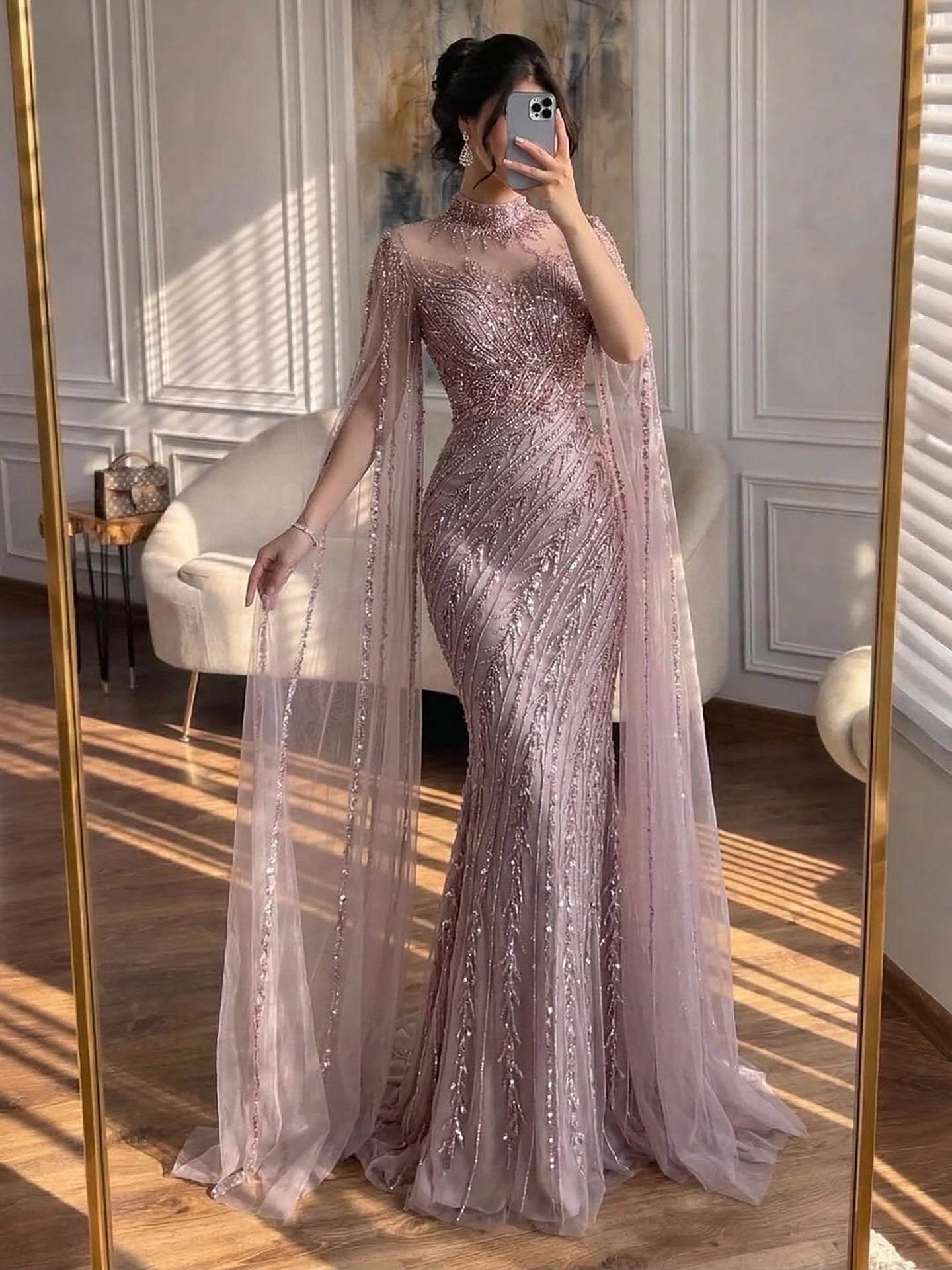 Luxury Modest Nude Mermaid Evening Dress with Cape Sleeves LA71885A