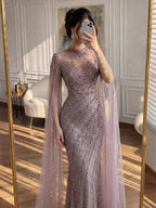 Luxury Modest Nude Mermaid Evening Dress with Cape Sleeves LA71885A