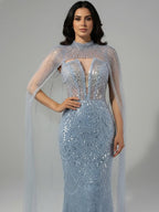 Luxury Evening Dress Nude Pearls Beaded Gown With Tulle Train LA72189A