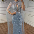 Luxury Evening Dress Nude Pearls Beaded Gown With Tulle Train LA72189A