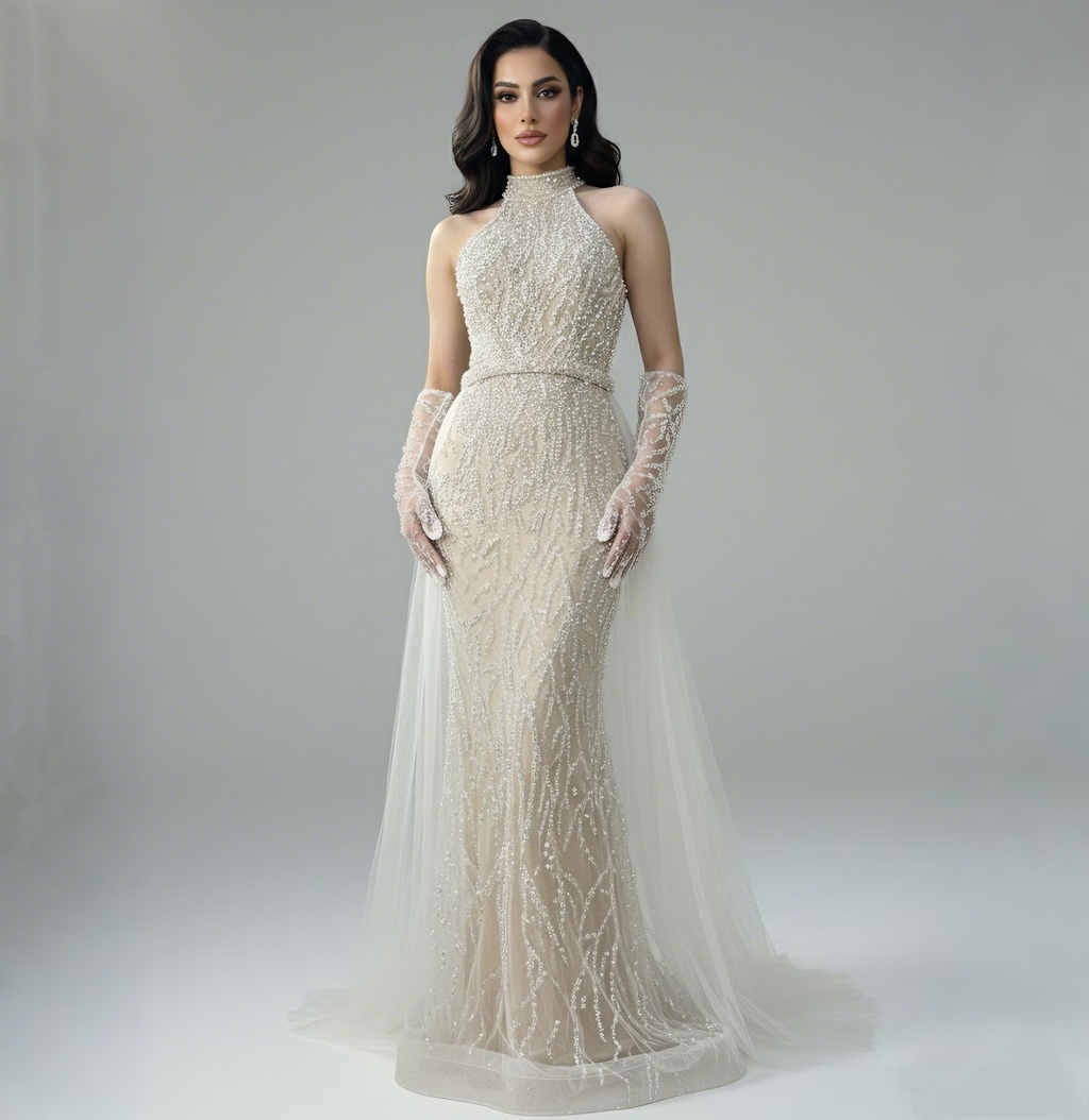 Luxury Lace Pearls Halter Mermaid Evening Dress With Glove White Nude LA72345F