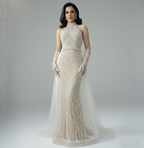 Luxury Lace Pearls Halter Mermaid Evening Dress With Glove White Nude LA72345F