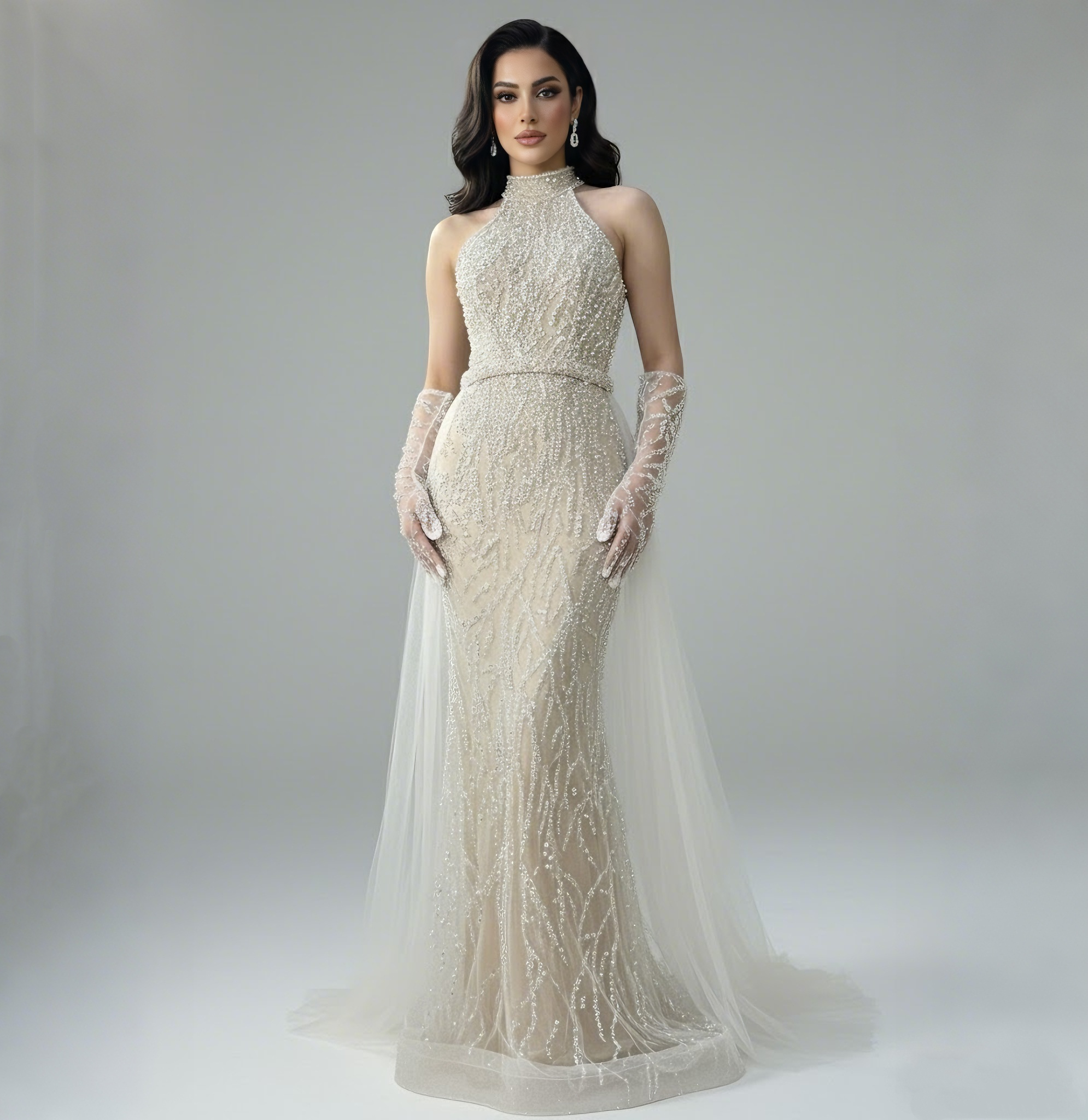 Luxury Lace Pearls Halter Mermaid Evening Dress With Glove White Nude LA72345F