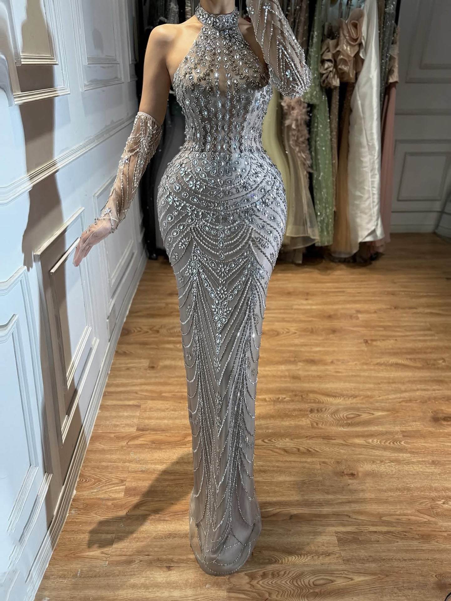 Luxury Kosovo Blue Evening Dress With Gloves LA72760C