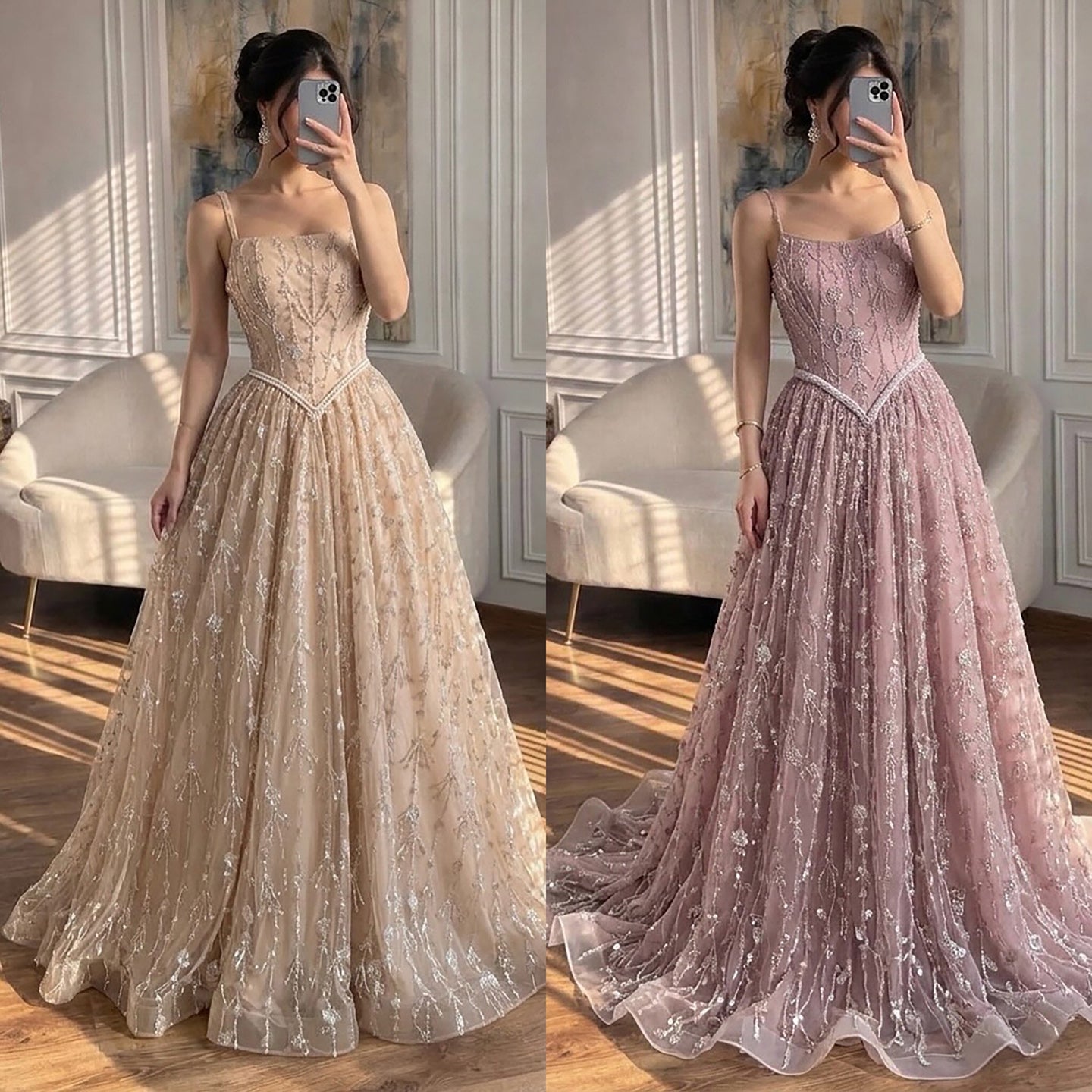 Luxury Sage Green Beaded A-Line Spaghetti Strap Evening Dress LA72805