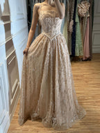 Luxury Sage Green Beaded A-Line Spaghetti Strap Evening Dress LA72805