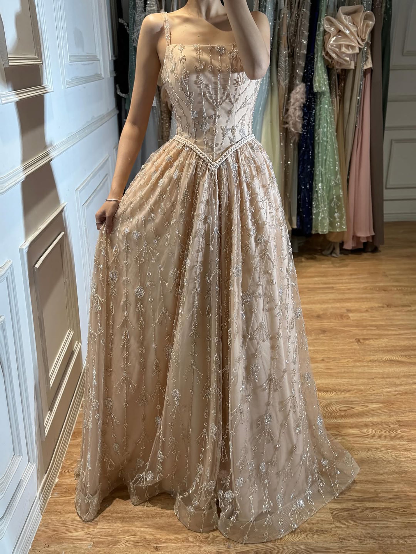 Luxury Sage Green Beaded A-Line Spaghetti Strap Evening Dress LA72805