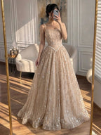 Luxury Sage Green Beaded A-Line Spaghetti Strap Evening Dress LA72805