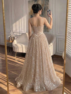 Luxury Sage Green Beaded A-Line Spaghetti Strap Evening Dress LA72805