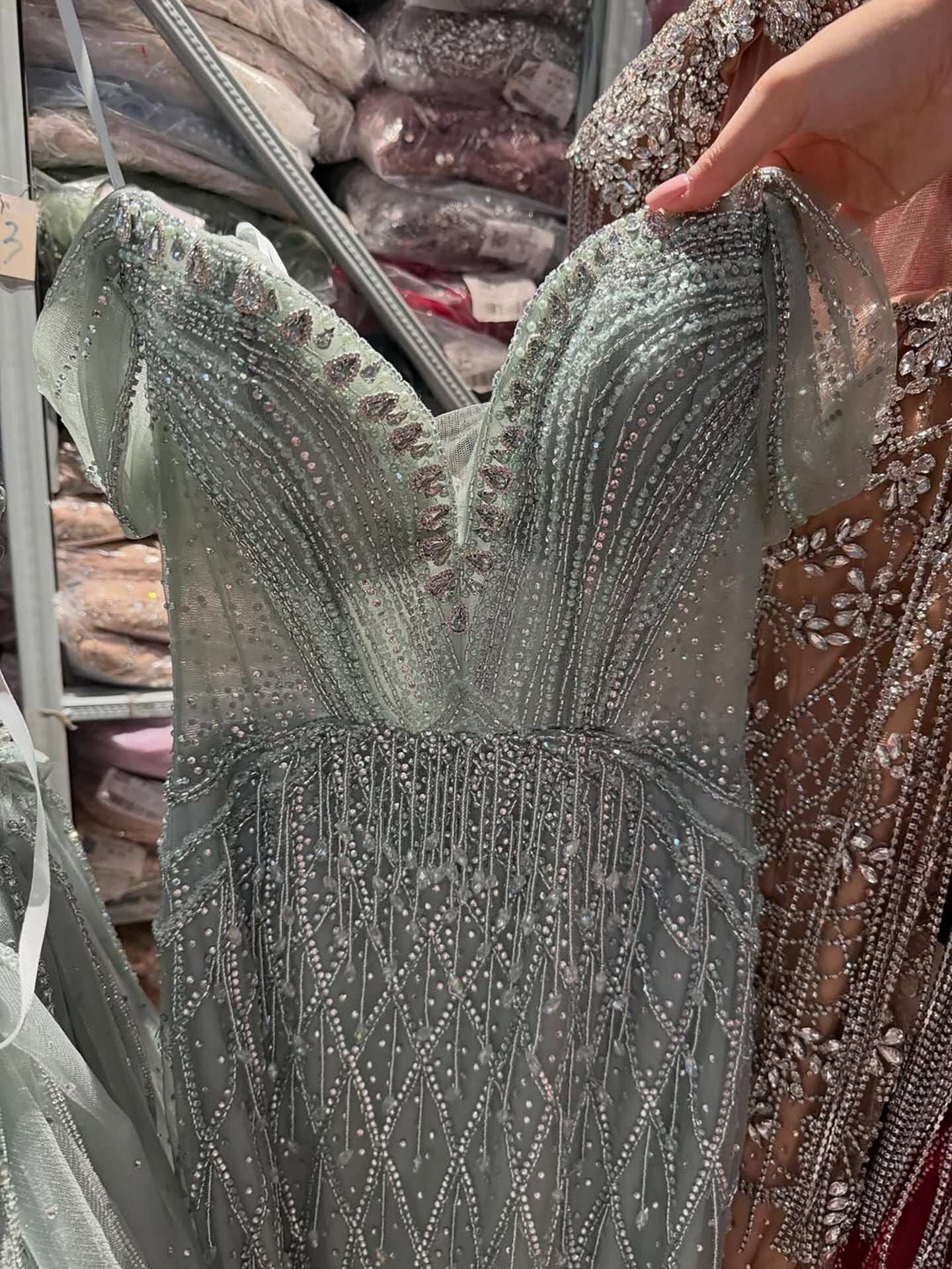 Luxury Nude Off Shoulder Beaded Tassel Evening Dress LA72854A