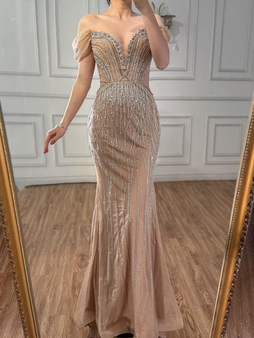 Luxury Nude Off Shoulder Beaded Tassel Evening Dress LA72854A