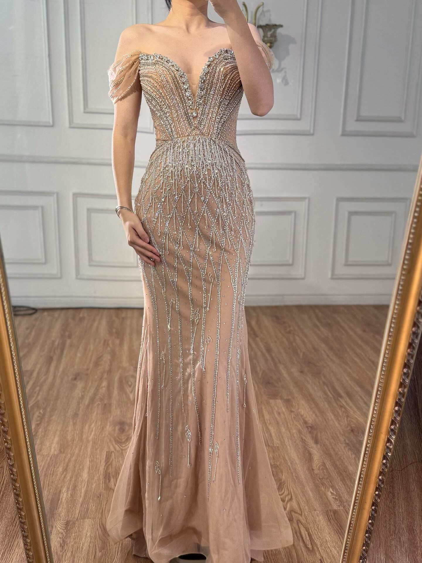 Luxury Nude Off Shoulder Beaded Tassel Evening Dress LA72854A