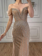 Luxury Nude Off Shoulder Beaded Tassel Evening Dress LA72854A