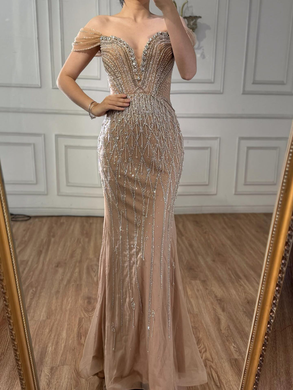 Luxury Nude Off Shoulder Beaded Tassel Evening Dress LA72854A