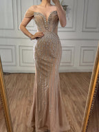 Luxury Nude Off Shoulder Beaded Tassel Evening Dress LA72854A