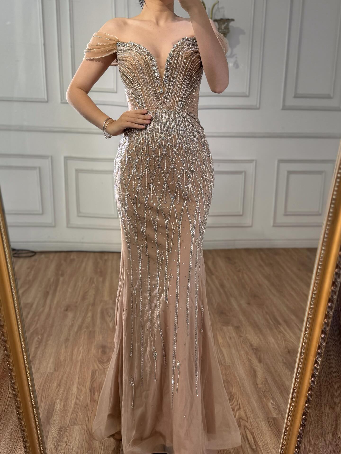 Luxury Nude Off Shoulder Beaded Tassel Evening Dress LA72854A