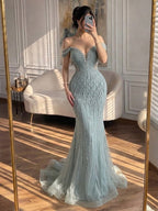 Luxury Nude Off Shoulder Beaded Tassel Evening Dress LA72854A