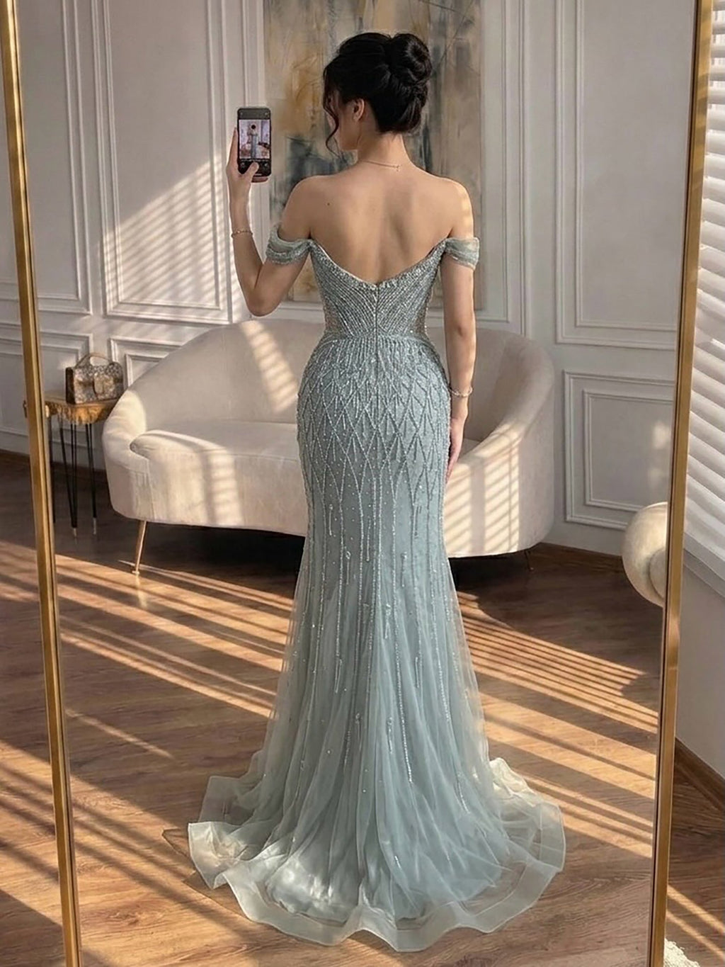 Luxury Nude Off Shoulder Beaded Tassel Evening Dress LA72854A