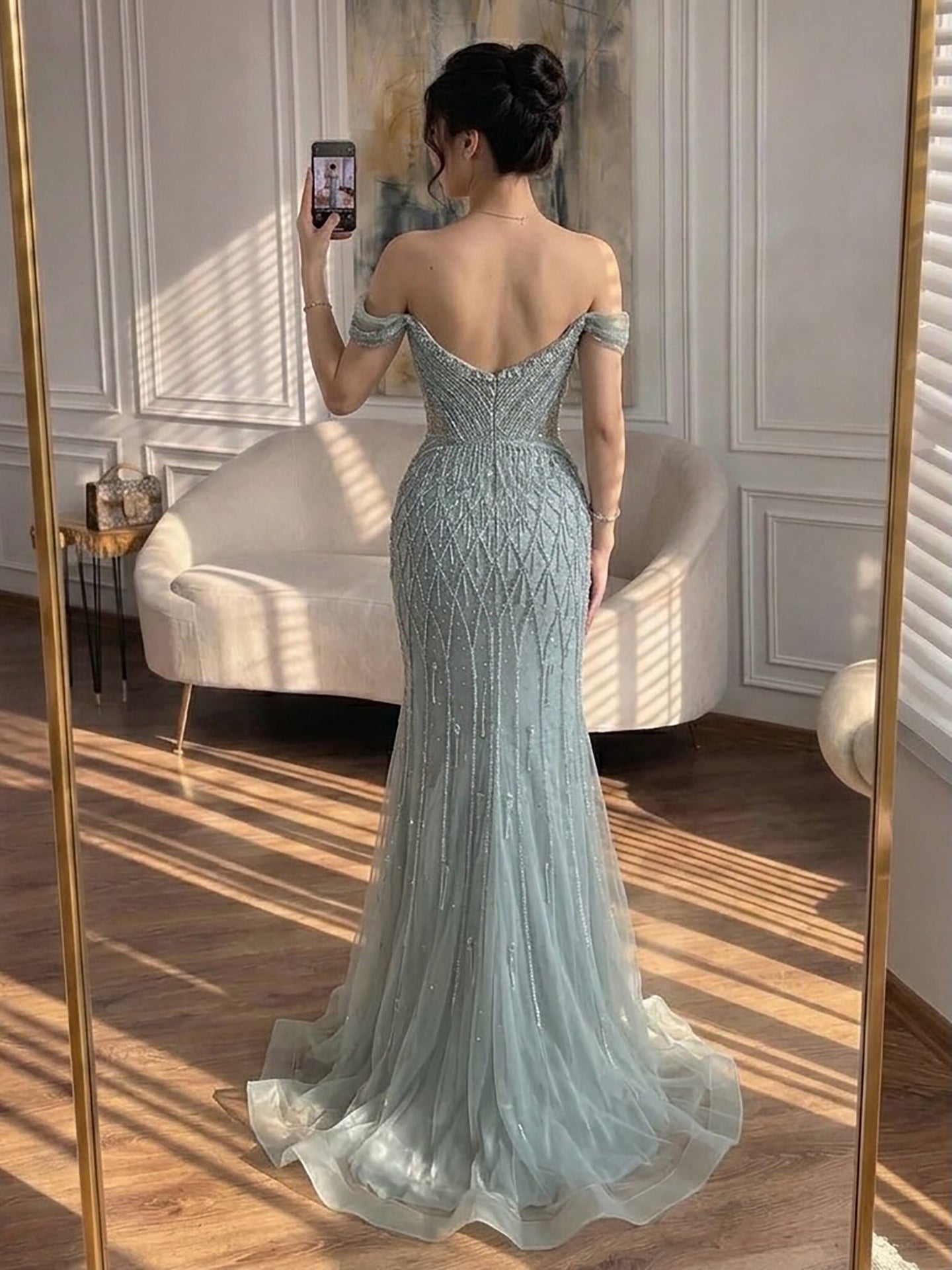 Luxury Nude Off Shoulder Beaded Tassel Evening Dress LA72854A