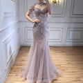 Luxury Dubai Beaded Blue Pink Evening Dress with Tassel Cape LA72897B