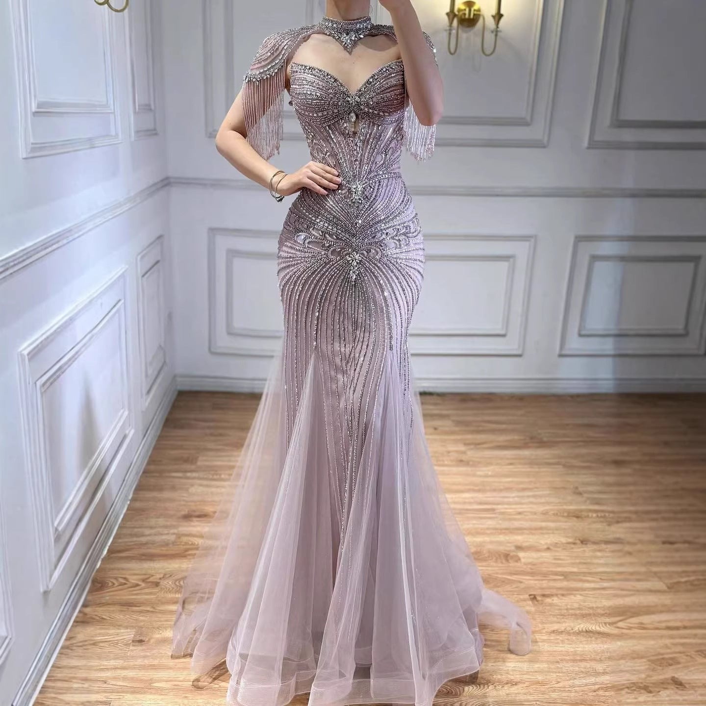 Luxury Dubai Beaded Blue Pink Evening Dress with Tassel Cape LA72897B