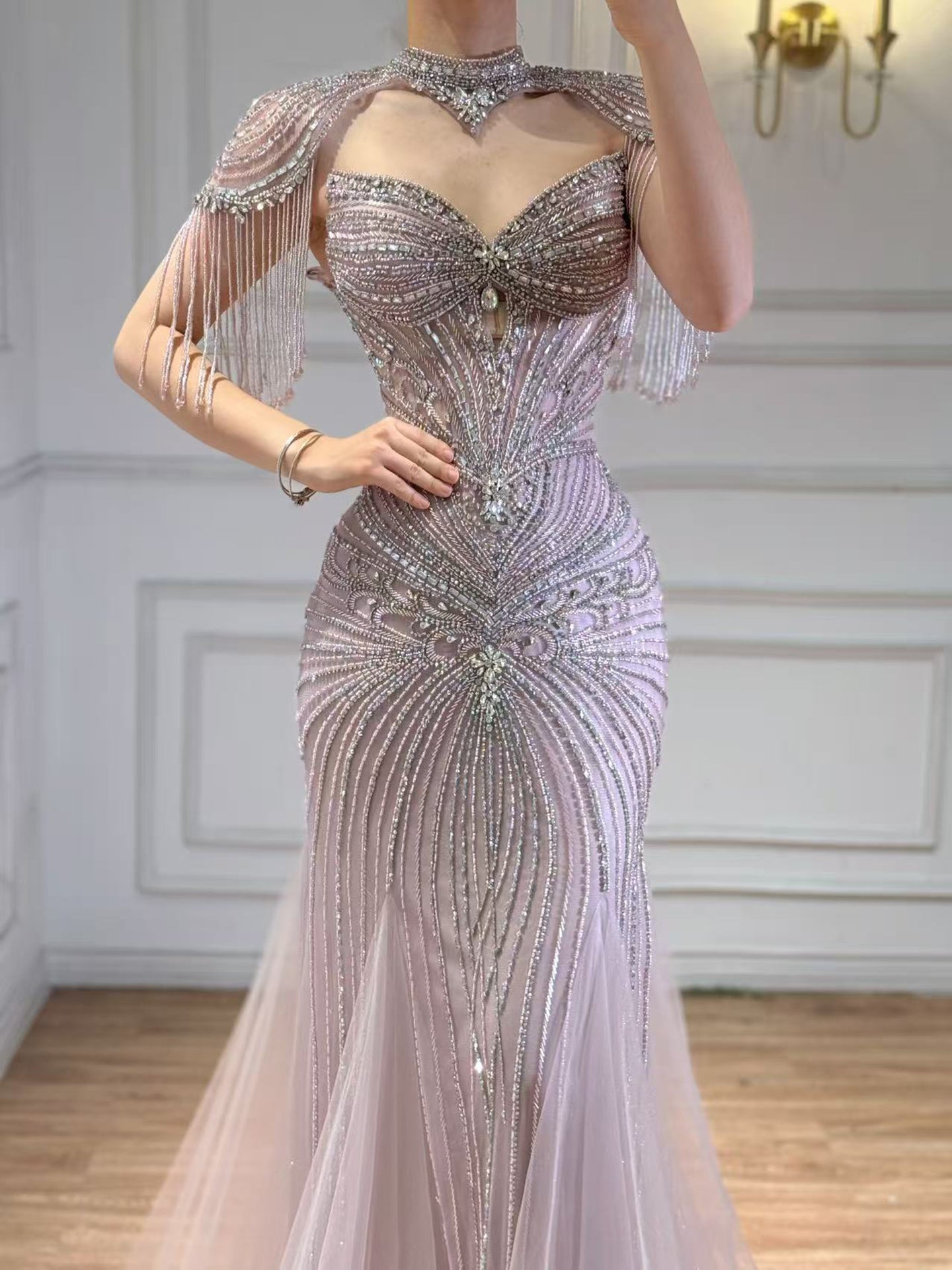 Luxury Dubai Beaded Blue Pink Evening Dress with Tassel Cape LA72897B
