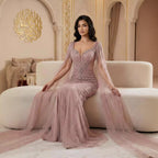 Luxury Caramel Beaded Evening Dress With Cape LA72992A