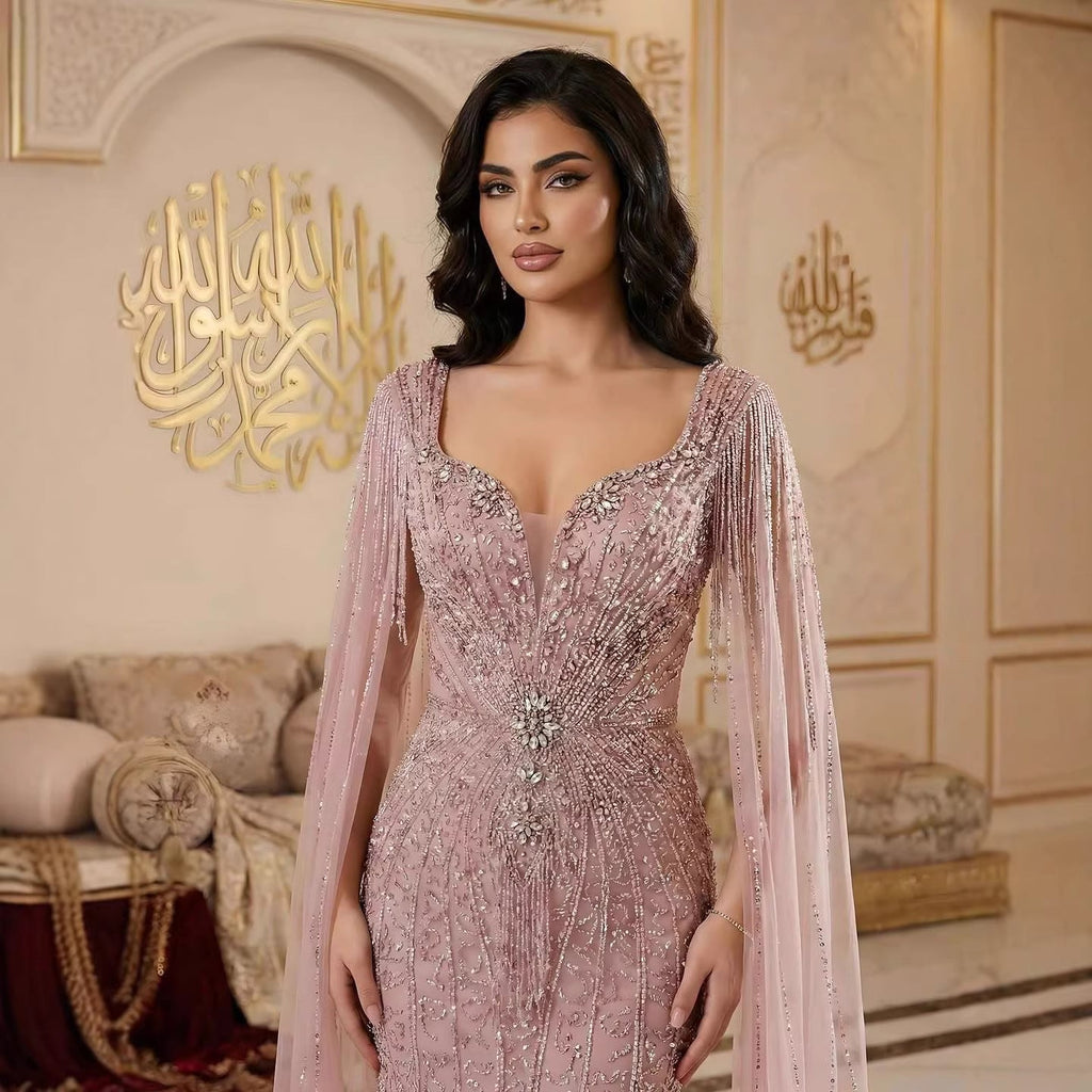 Luxury Caramel Beaded Evening Dress With Cape LA72992A