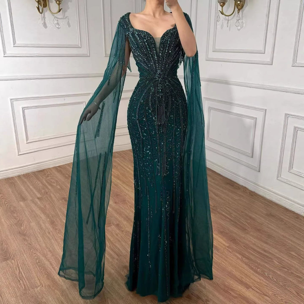 Luxury Caramel Beaded Evening Dress With Cape LA72992A