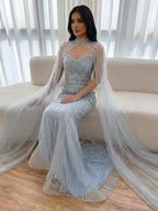 Luxury Nude Mermaid Evening Dress with Cape Sleeves LA73118