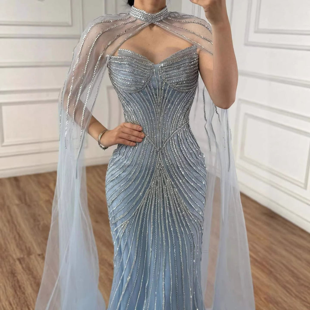 Luxury Nude Mermaid Evening Dress with Cape Sleeves LA73118