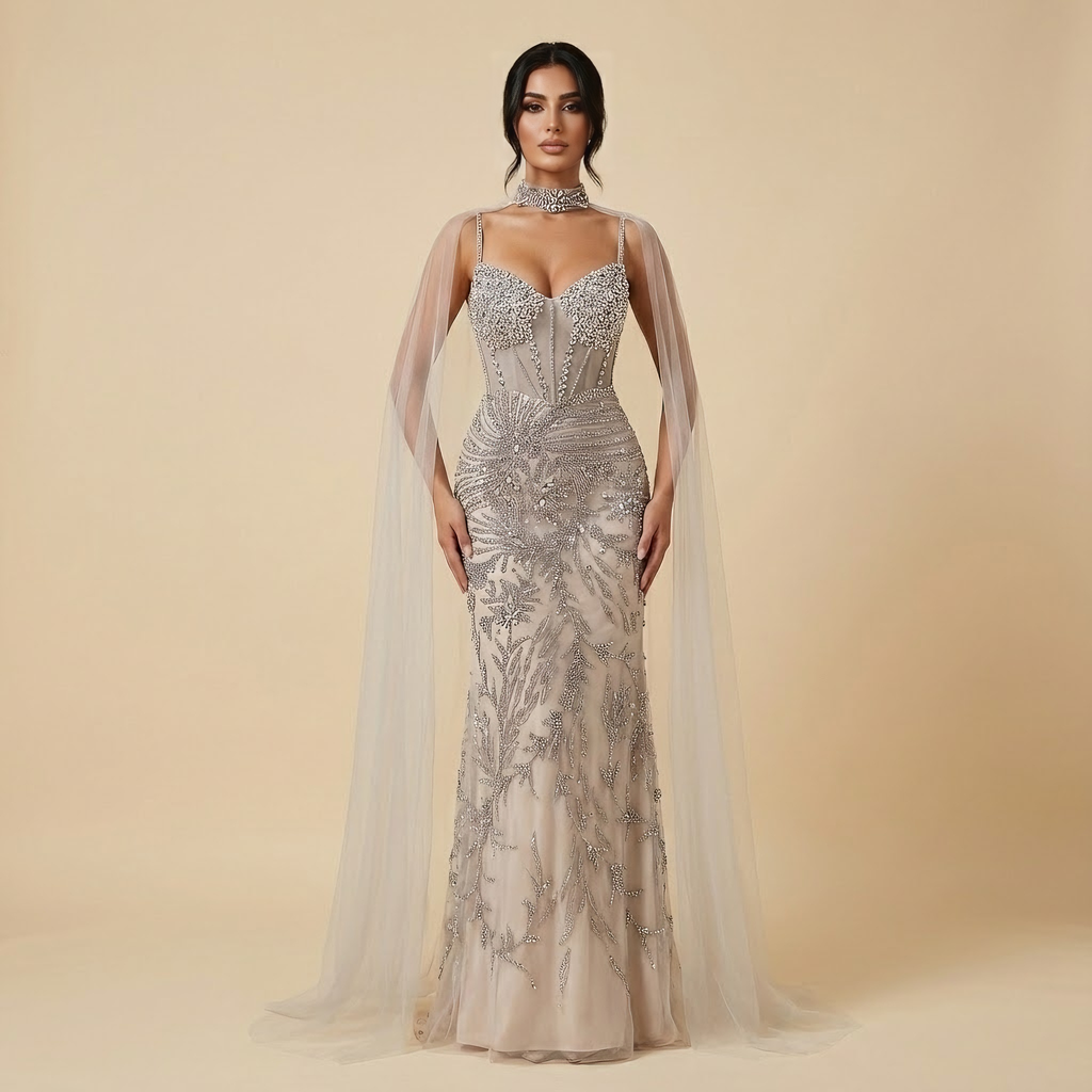 Luxury Evening Dress Grey Beaded With Cape LA73342