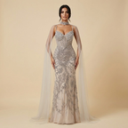 Luxury Evening Dress Grey Beaded With Cape LA73342