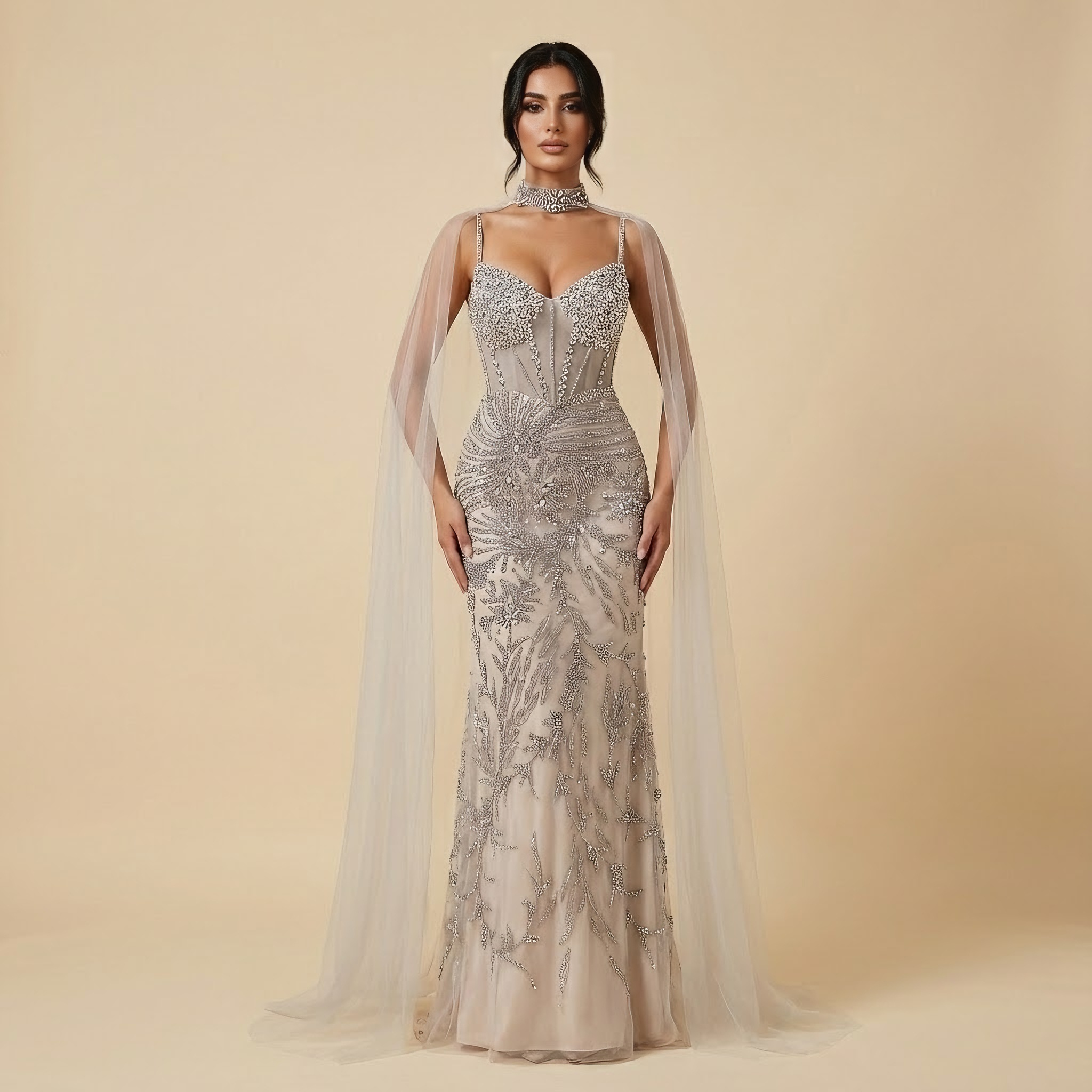Luxury Evening Dress Grey Beaded With Cape LA73342