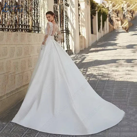 Vestidos de novia elegantes para mujer, vestidos de novia con escote en V, encaje, mangas largas, satén, espalda ilusión. 