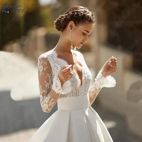 Vestidos de novia elegantes para mujer, vestidos de novia con escote en V, encaje, mangas largas, satén, espalda ilusión. 