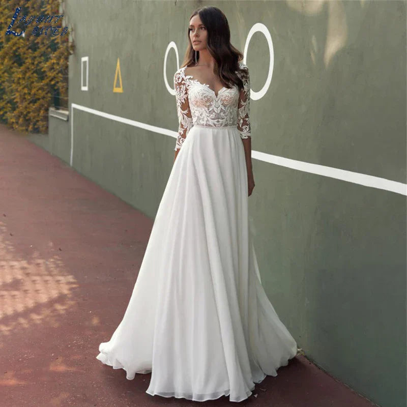 Robes de mariée en dentelle pour femmes, mousseline bohème, appliques, robes de mariée à manches courtes, robes de plage, Vestidos De Novia Casamento Civil 