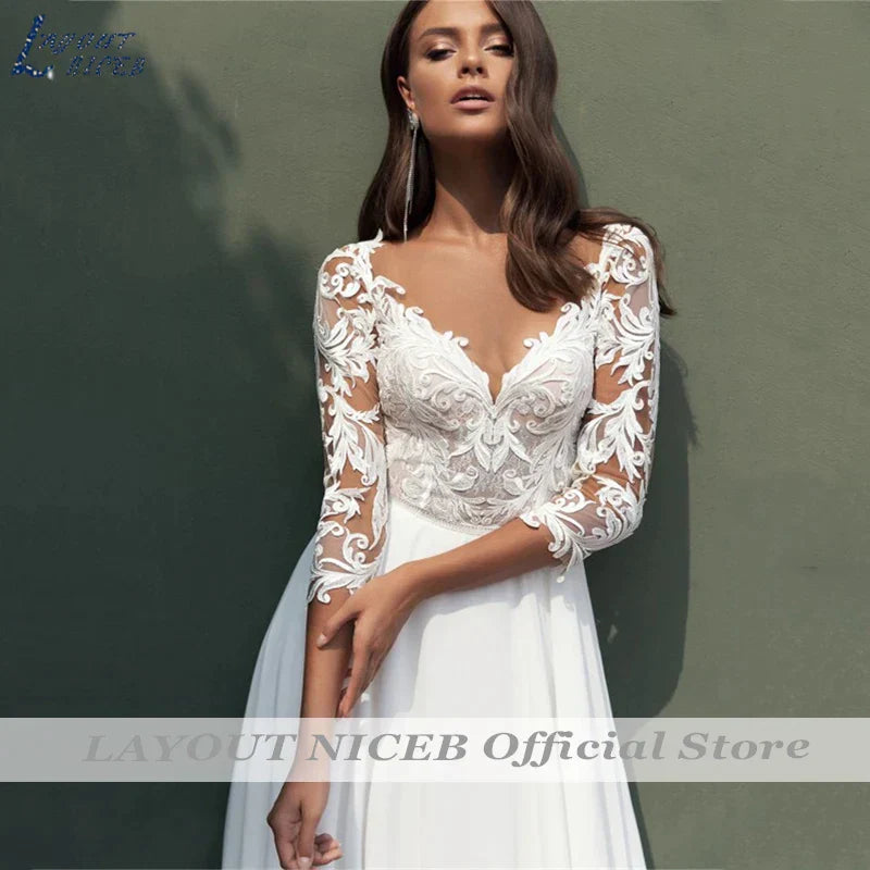 Robes de mariée en dentelle pour femmes, mousseline bohème, appliques, robes de mariée à manches courtes, robes de plage, Vestidos De Novia Casamento Civil 