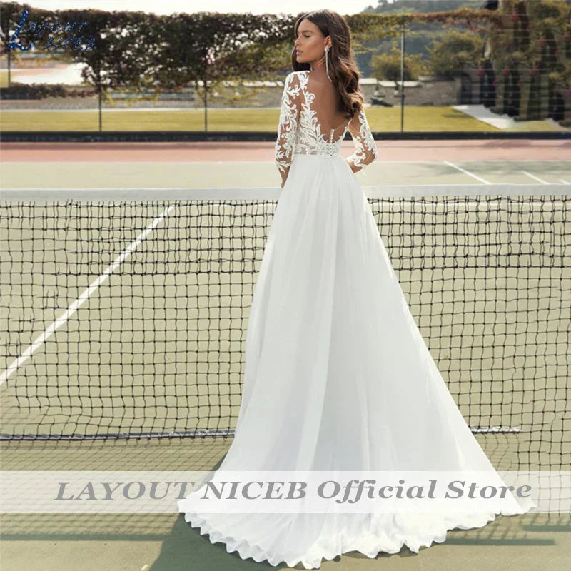 Robes de mariée en dentelle pour femmes, mousseline bohème, appliques, robes de mariée à manches courtes, robes de plage, Vestidos De Novia Casamento Civil 