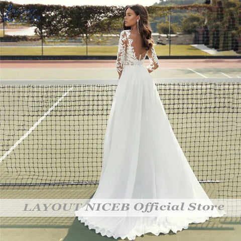 Lace Wedding Dresses Women Chiffon Boho Appliques Bridal Gowns Half Sleeve Beach Vestidos De Novia Casamento Civil