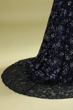 Vestido de noche azul marino con lentejuelas y cuentas, elegante vestido de graduación Y1832
