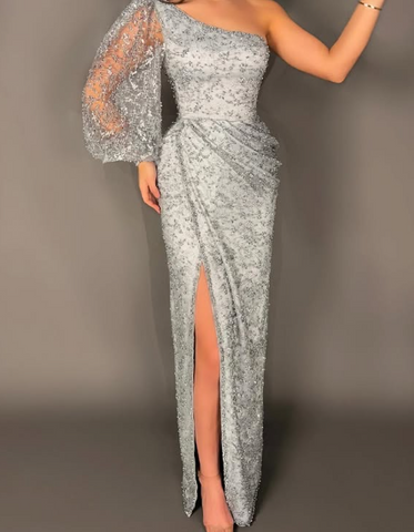 Sexy Silver Gray One Shoulder Sequin Sheath Long Prom Dress Slit Evening Dress Y8529