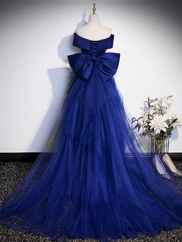 Royal Blue Mermaid Satin Long Prom Dress Off Shoulder Blue Evening Dress Y7429