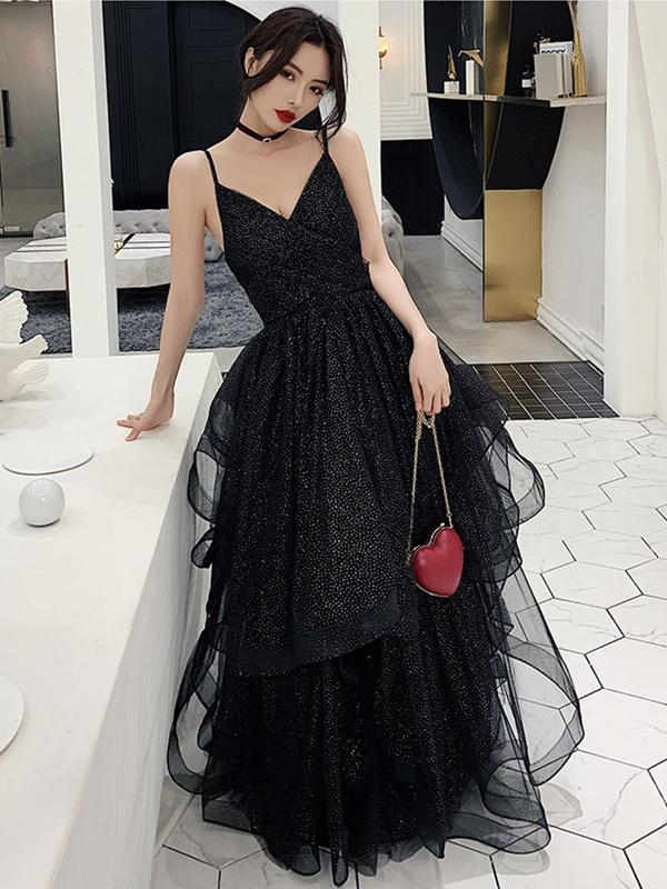 Vestidos de fiesta negros brillantes con escote en V, vestido de noche formal negro sin espalda con escote en V Y1148