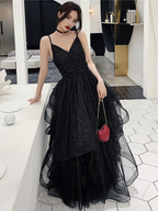 Vestidos de fiesta negros brillantes con escote en V, vestido de noche formal negro sin espalda con escote en V Y1148