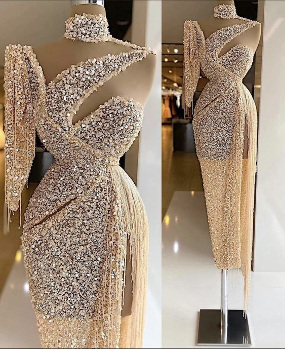 Robe de soirée à sequins scintillants, fente latérale, robe de bal asymétrique à franges, confectionnée sur mesure Y6411