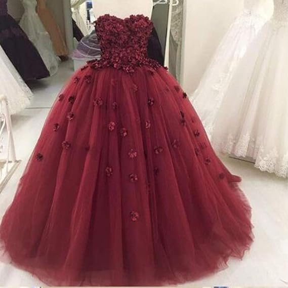 Encantador vestido de baile de tul burdeos sin tirantes con flores hechas a mano Y1218