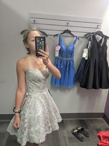 Cute A-line Silver Lace Homecoming Dress 18th Graduation Dress Y2440